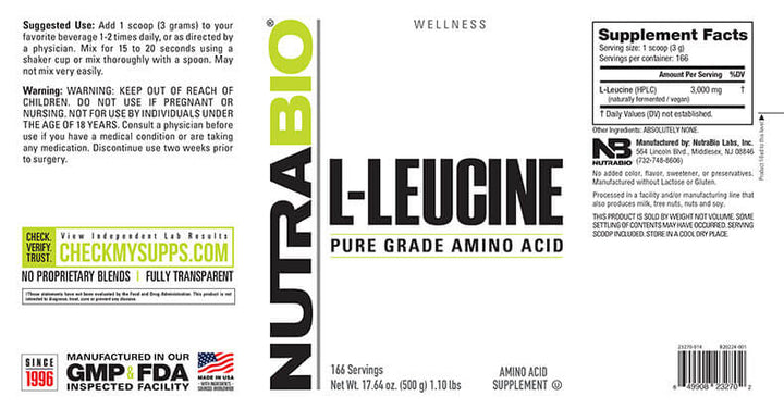 NUTRABIO L-LEUCINE 500G UNFLAVORED POWDER